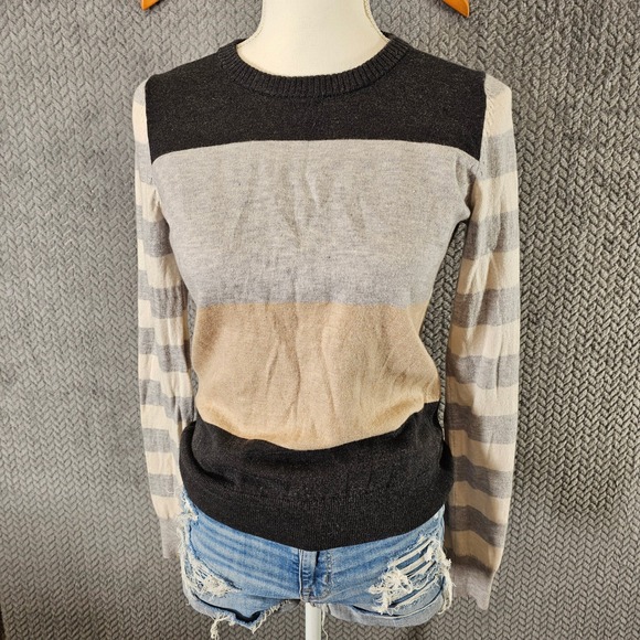 GAP Sweaters - GAP Womens Colorblock Striped Crewneck Sweater Grey Tan Charcoal Long Sleeve S